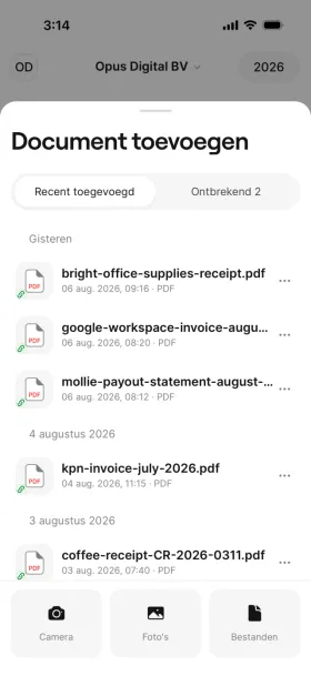 Het Documenten-toevoegen-scherm geopend via de centrale plusknop