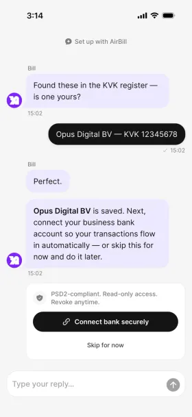 Onboarding chat offering to connect a bank account securely, with a skip option