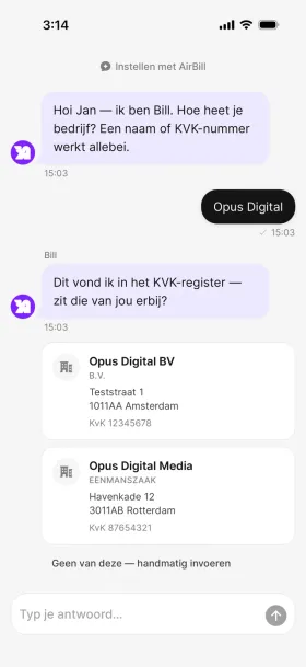 Onboarding-chat met KVK-zoekresultaten voor Opus Digital en bedrijfskaarten om uit te kiezen