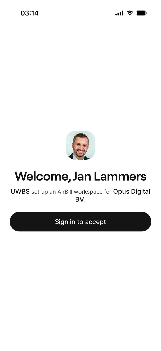 The invitation screen: your accountant's firm set up an AirBill workspace for your company, with the button to sign in and accept.