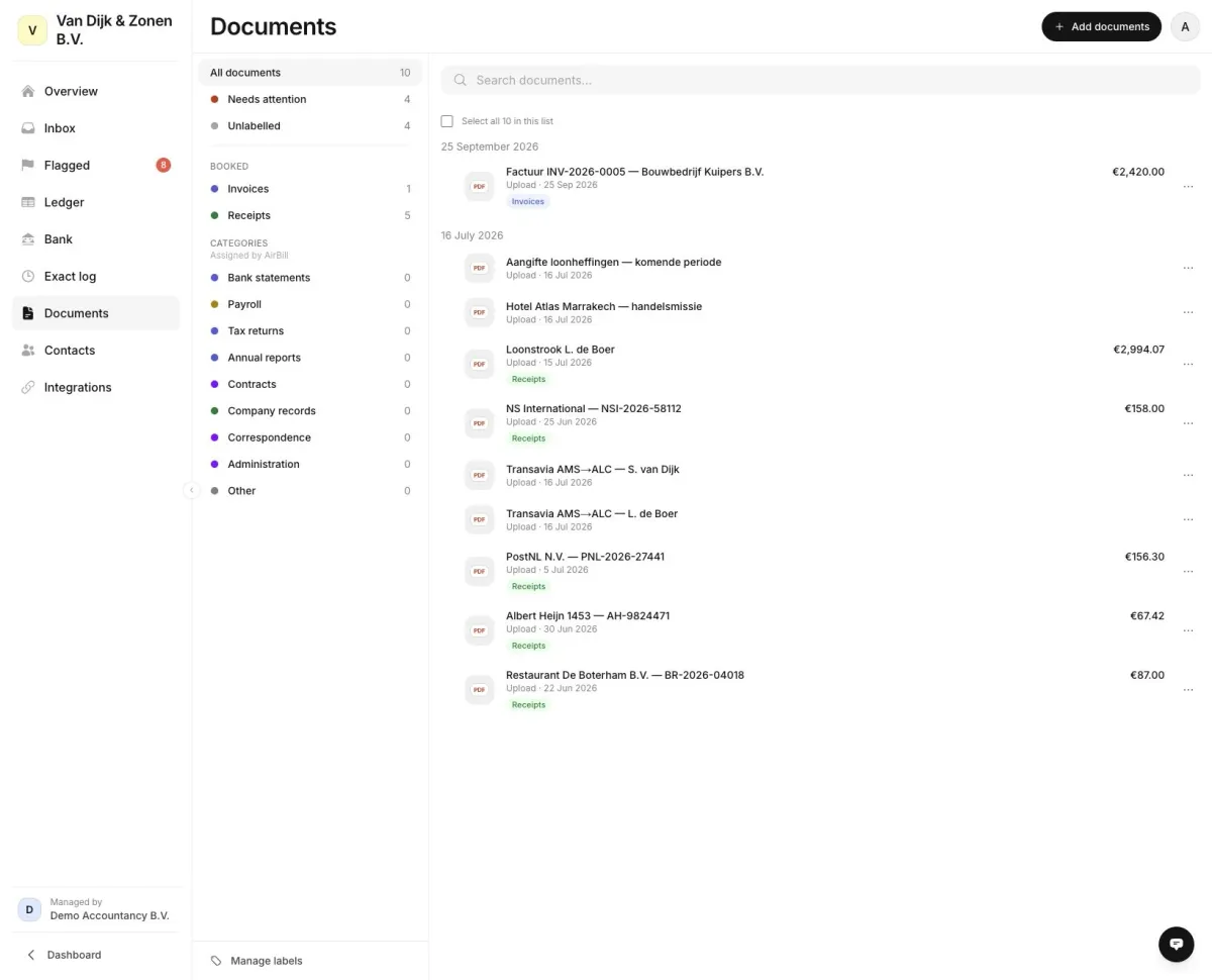 The fictional Van Dijk & Zonen client’s documents, showing search, labels and files