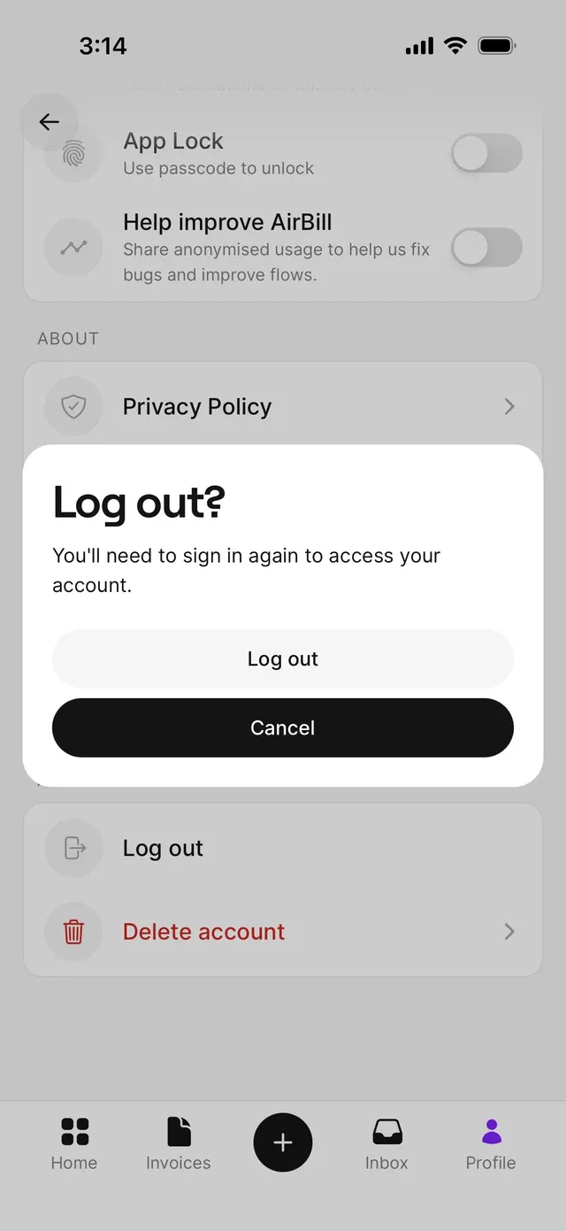 The “Log out?” confirmation dialog explaining you'll need to sign in again, with the buttons “Log out” and “Cancel”.