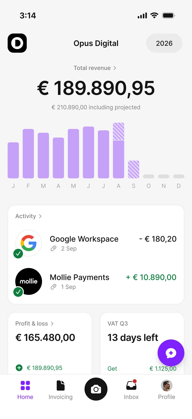 De AirBill-app met een omzetoverzicht en een staafdiagram per maand