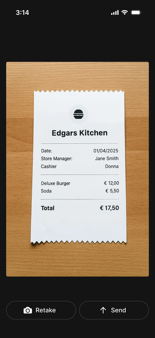 De AirBill-app met een gescande bon en de acties Opnieuw en Versturen