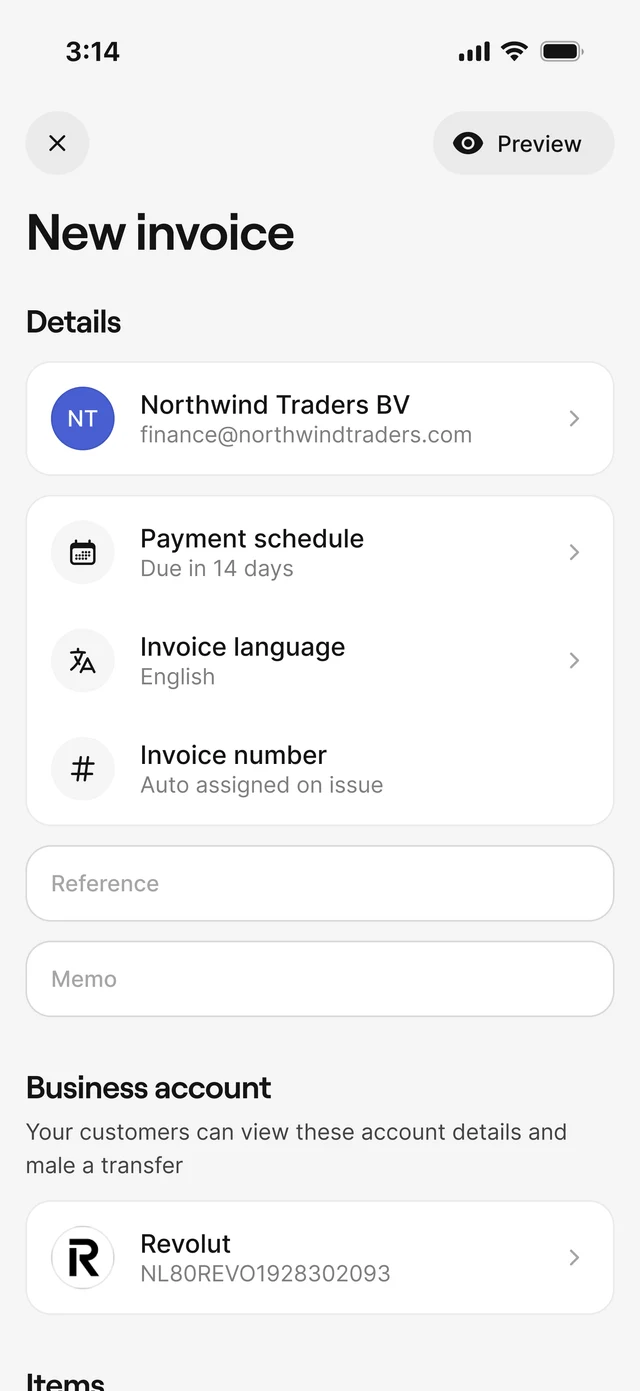 De AirBill-app met het scherm voor een nieuwe factuur en betaalgegevens