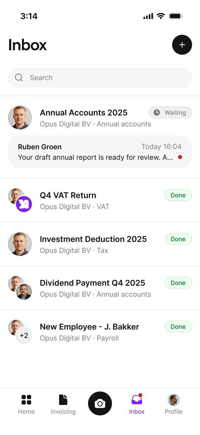 De AirBill-app met de inbox en berichten van de accountant