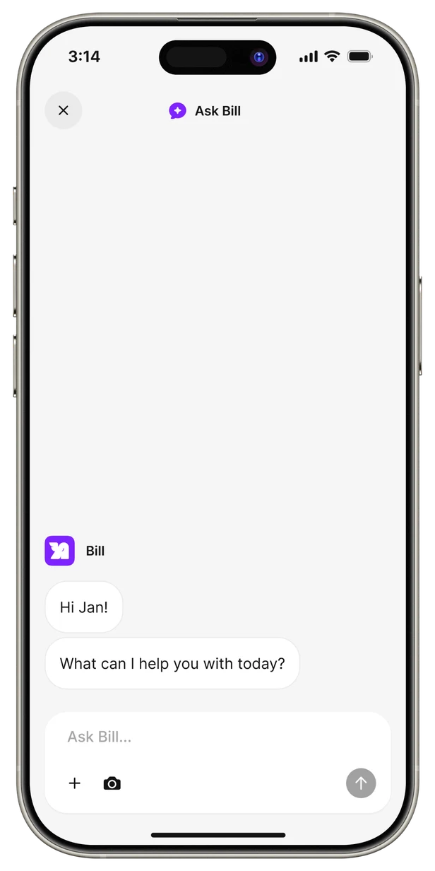 De AirBill-app met een chat met Bill, de AI-assistent, die vraagt hoe hij vandaag kan helpen