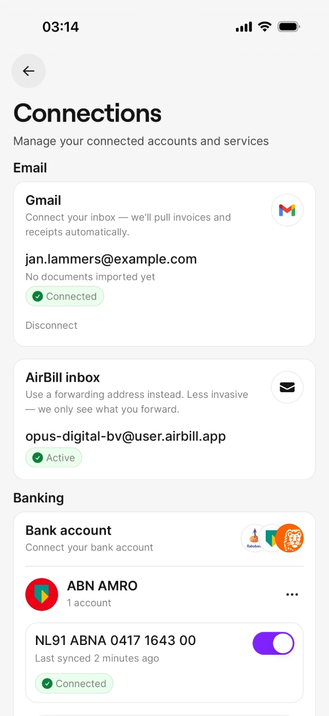 The Connections screen with bank and AirBill email settings
