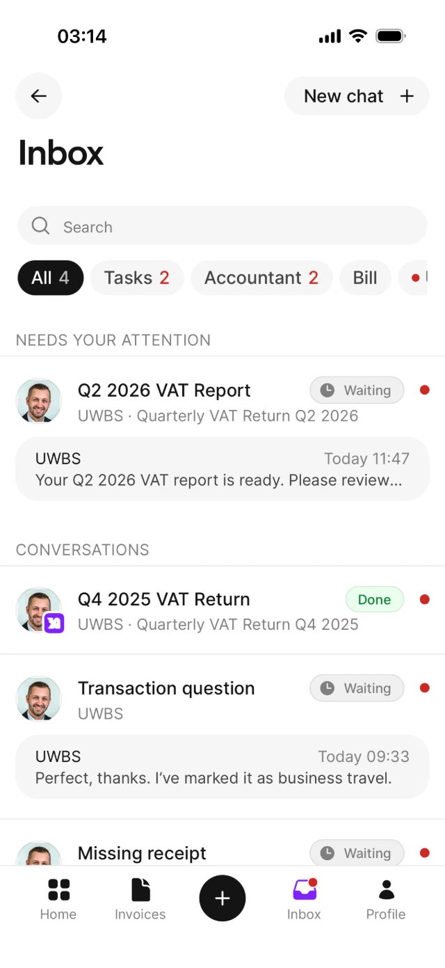 The Inbox screen with questions and reports from a connected accountant