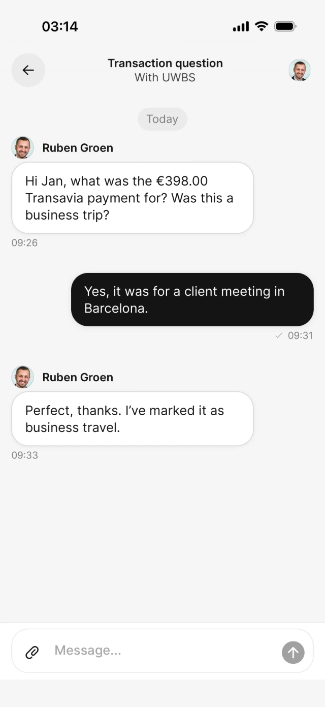Chat in which the accountant asks whether a transaction was business or private