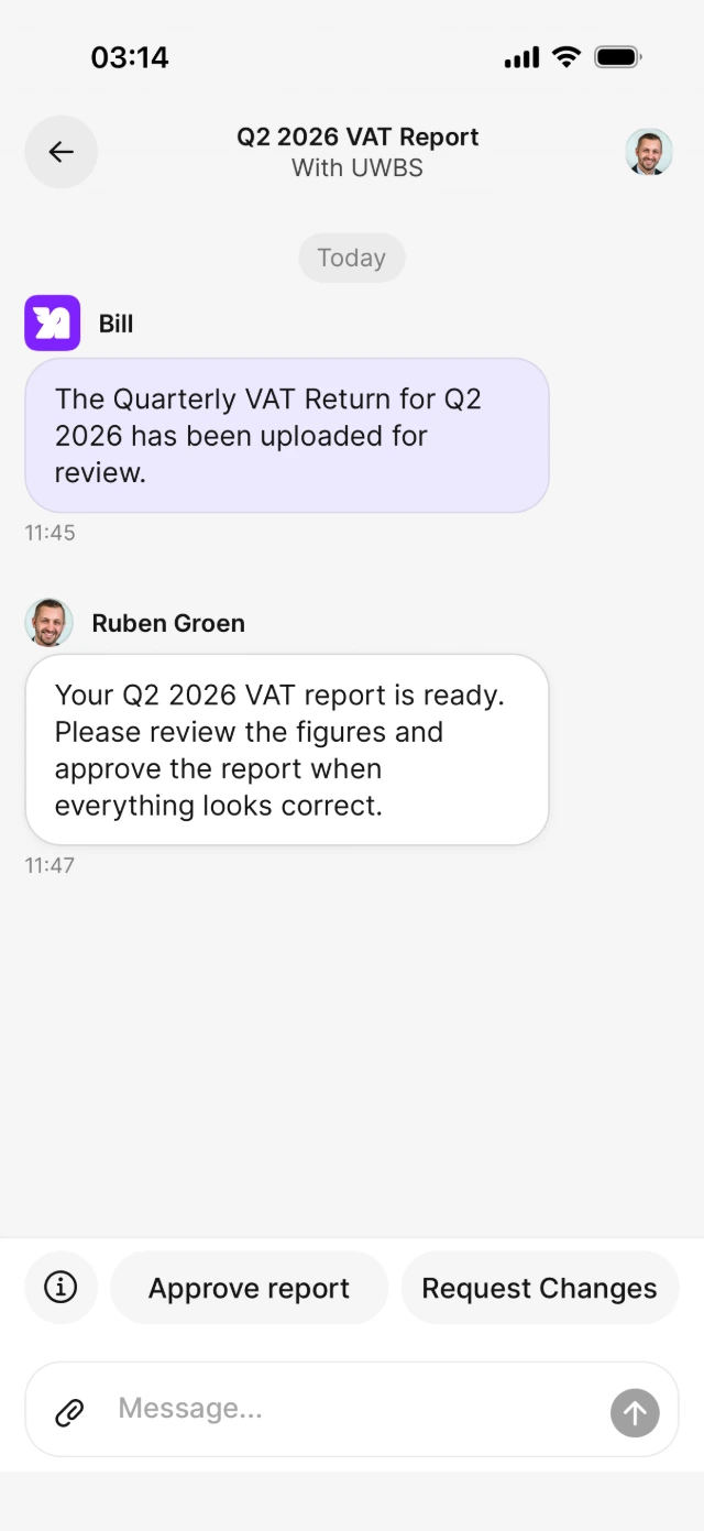 Chat with a VAT report ready for review, including the Approve report controls