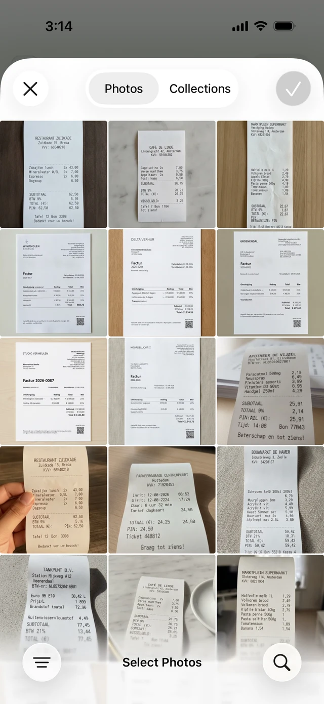 The photo picker with a receipt selected