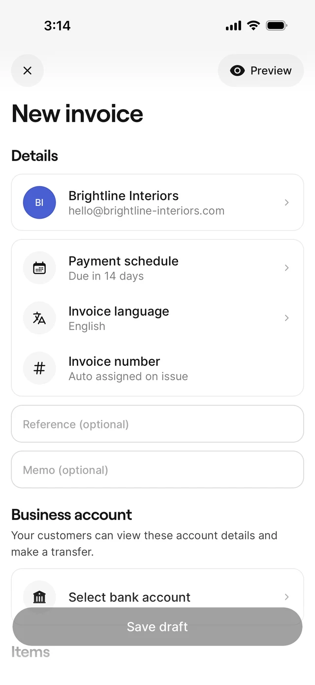 Invoice wizard with customer and invoice details filled in