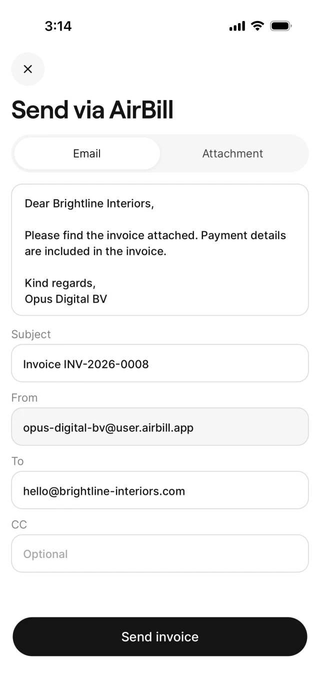 The send screen where you edit the invoice email before it goes out