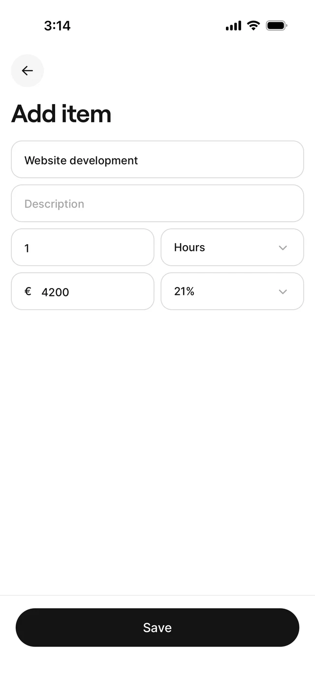 Invoice line items with automatically calculated VAT and totals