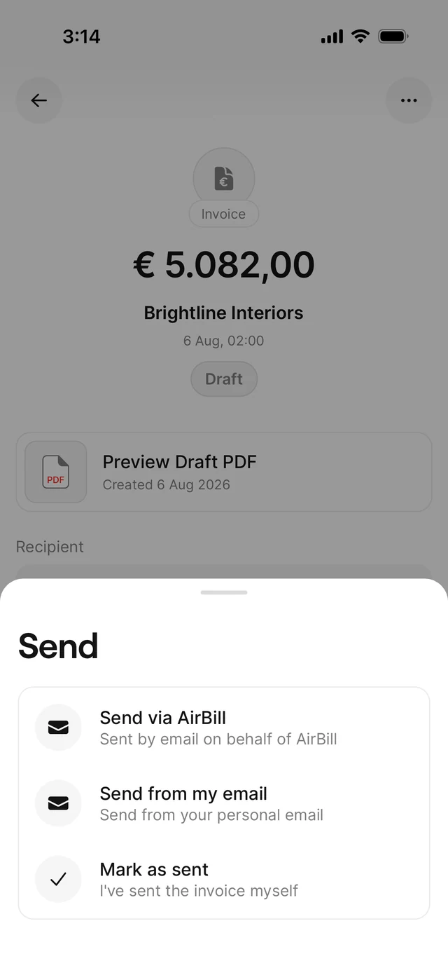 Invoice review screen with the send options