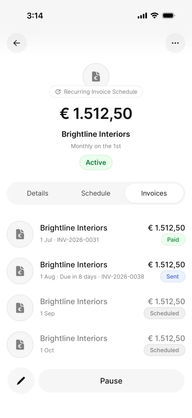 The schedule detail with sent and upcoming invoices