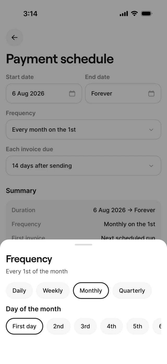 The payment-schedule screen with the frequency options open