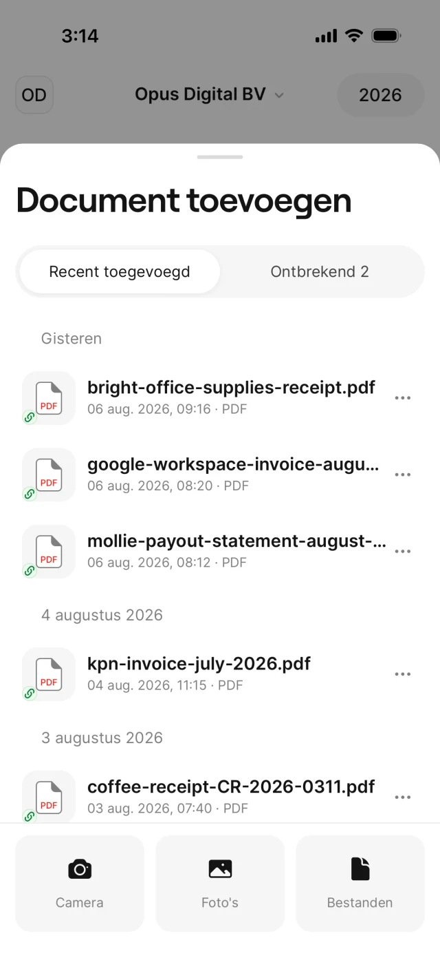 Het Toevoegen-scherm voor het fotograferen of uploaden van documenten