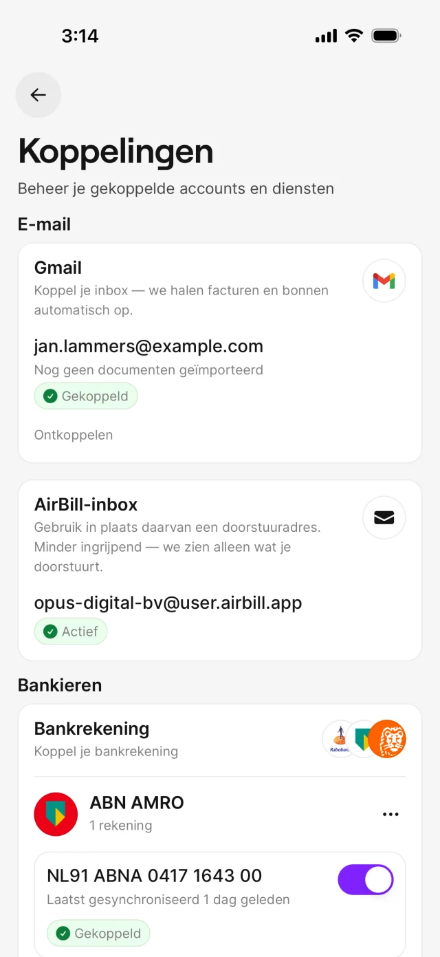 Het Koppelingen-scherm met bank- en AirBill-e-mailinstellingen
