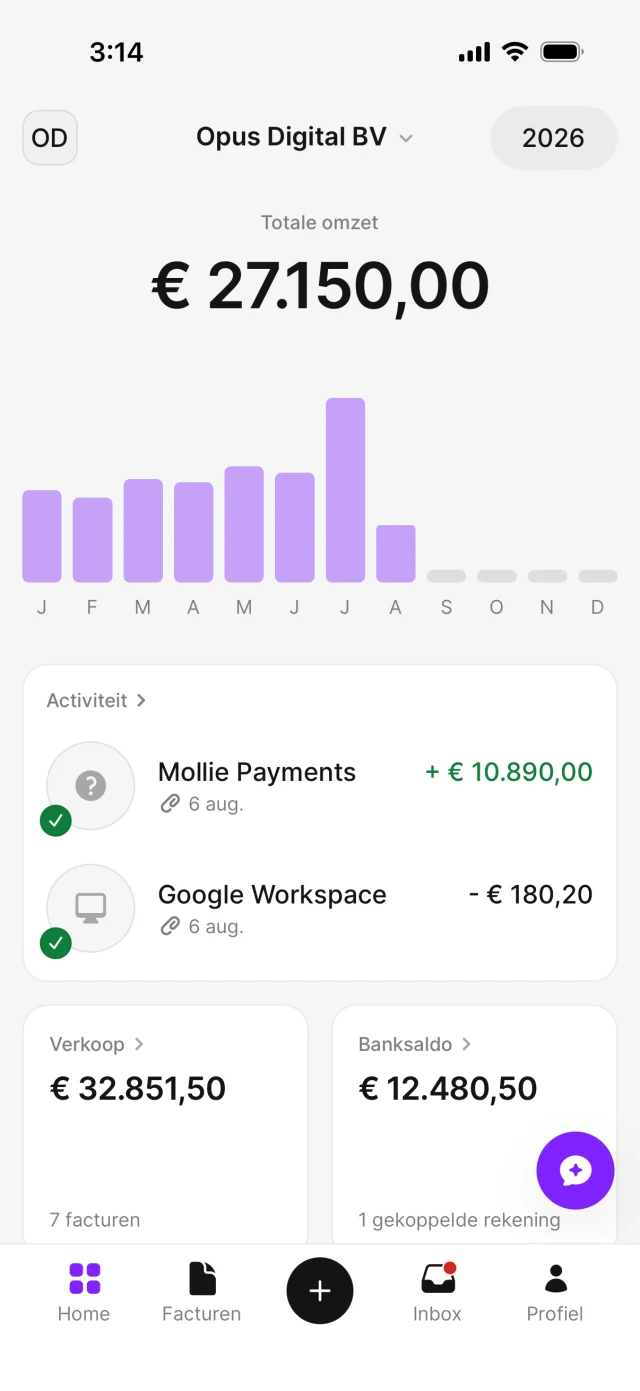 Het AirBill-dashboard met de navigatiebalk onderin zichtbaar