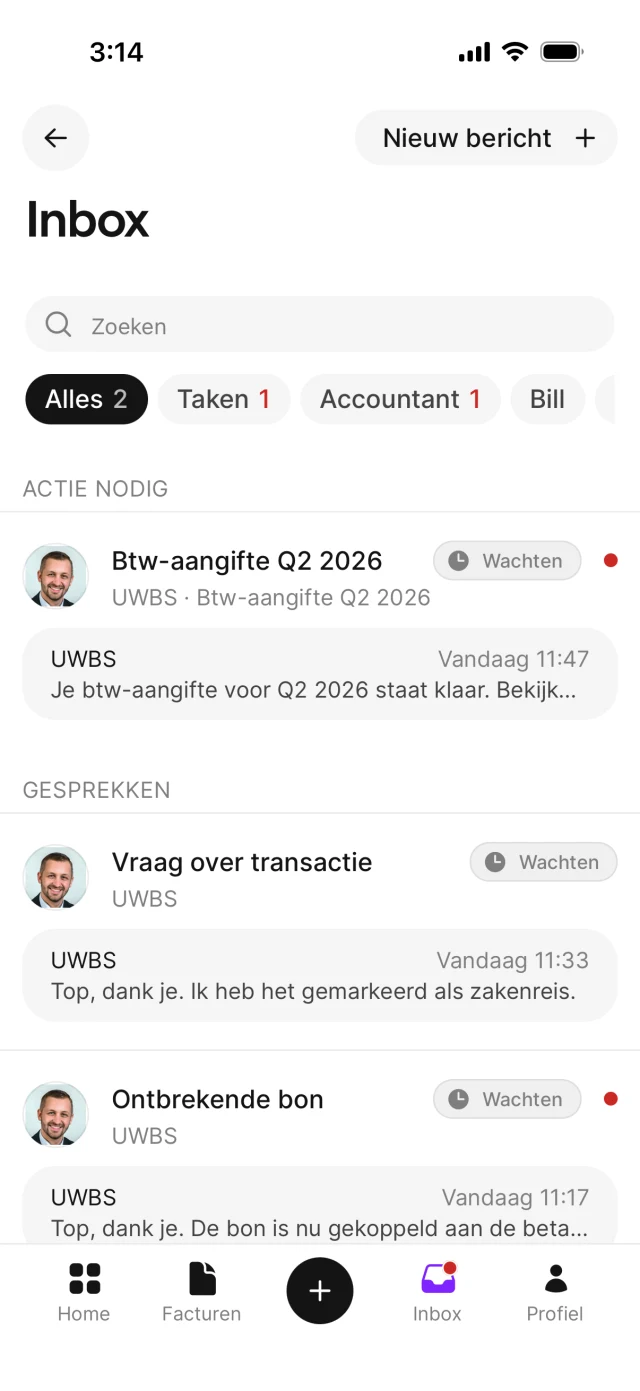 Het Inbox-scherm met vragen en rapporten van een gekoppelde accountant