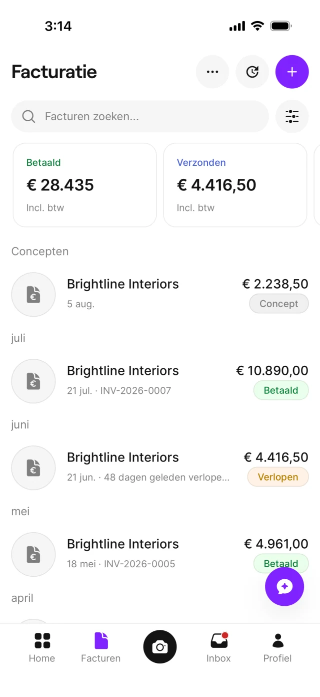 Het Facturen-scherm met verkoopfacturen en hun status