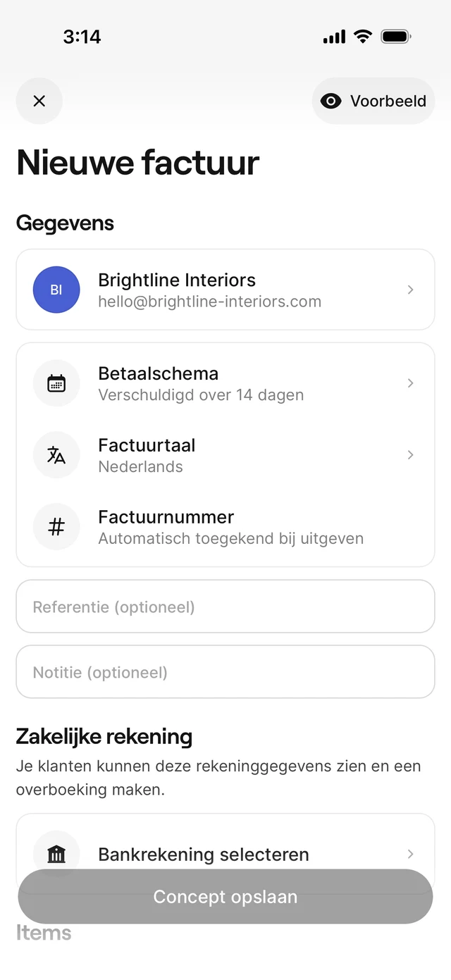 Factuurwizard met ingevulde klant- en factuurgegevens