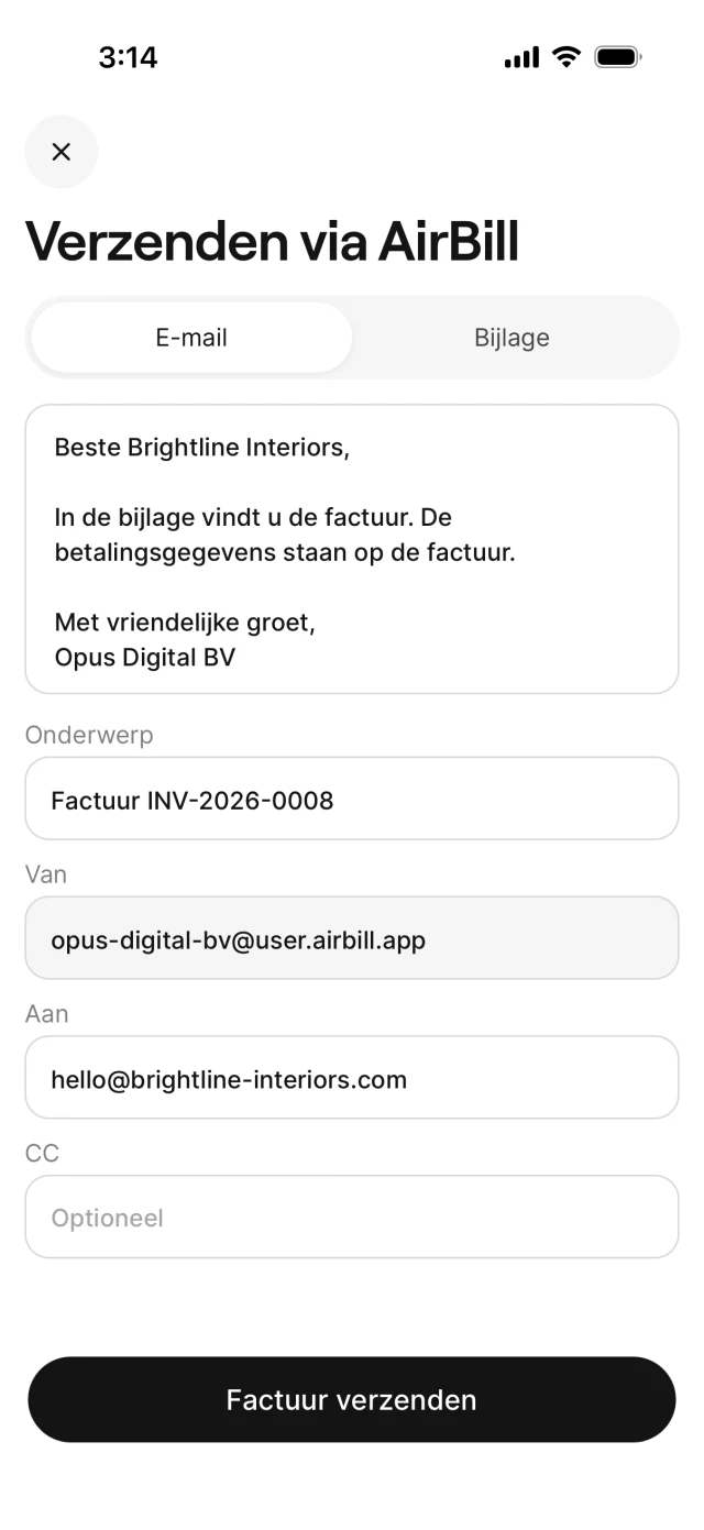 Het verzendscherm waar je de factuur-e-mail aanpast voordat hij wordt verstuurd