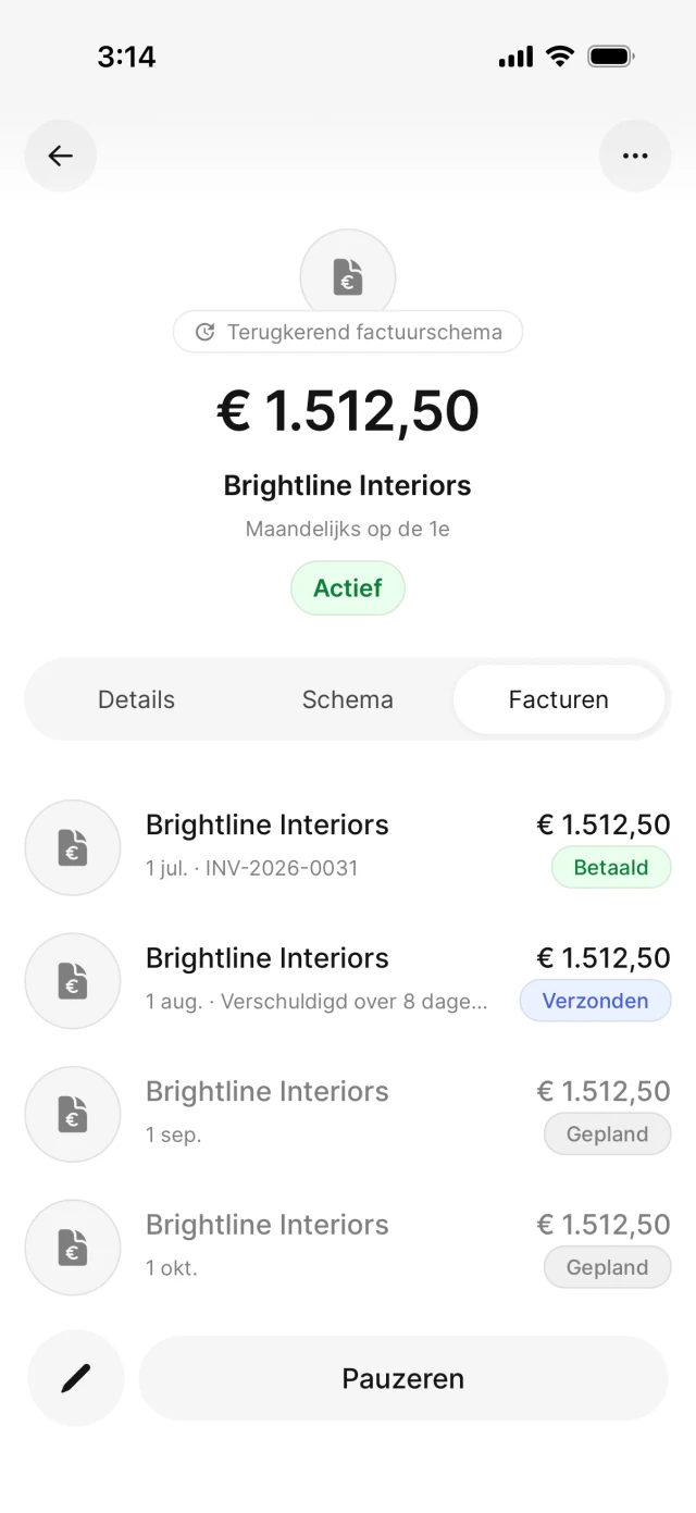 Het schemadetail met verzonden en komende facturen