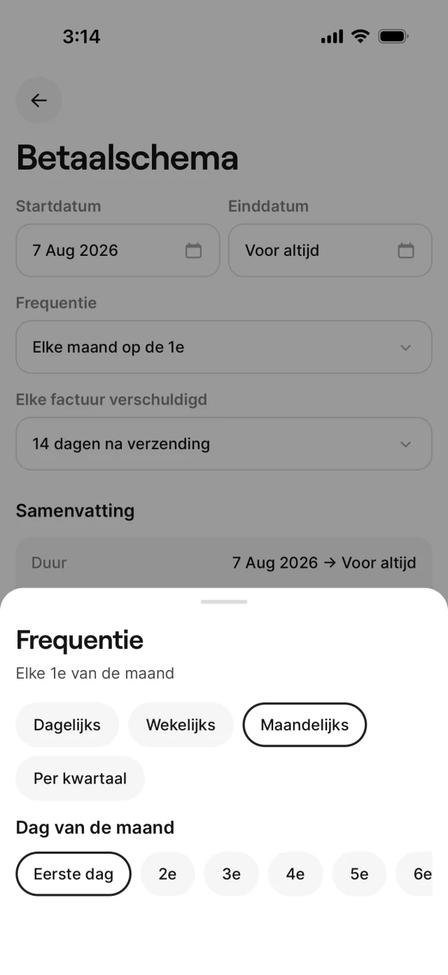 Het betaalschema-scherm met de frequentie-opties open
