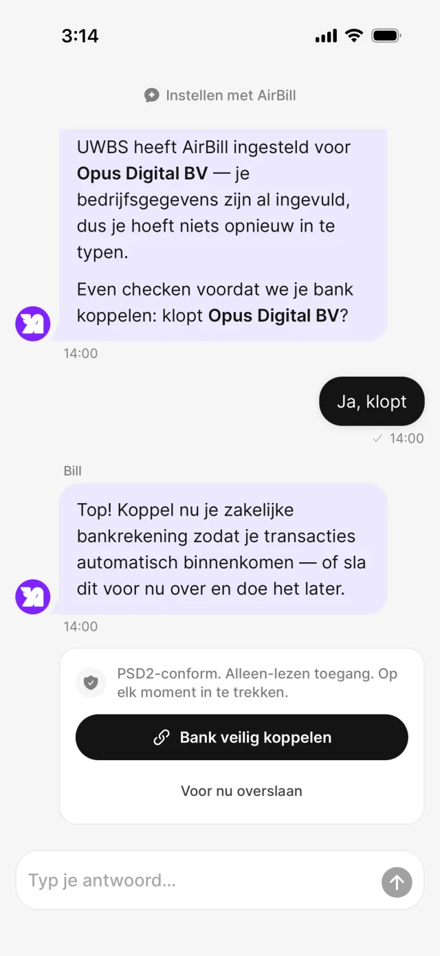Onboarding-chat met de optie om een bankrekening te koppelen of over te slaan
