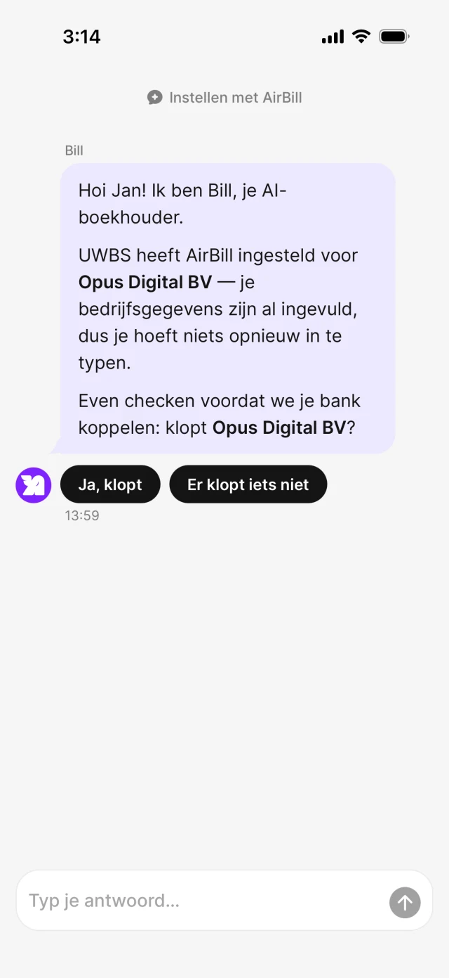 Onboarding-chat waarin de door UWBS klaargezette gegevens van Opus Digital BV worden bevestigd