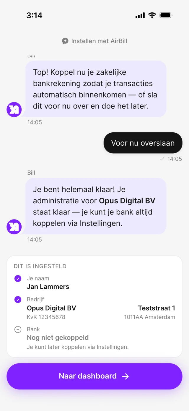 Afgeronde onboarding-chat met de knop om door te gaan naar het dashboard