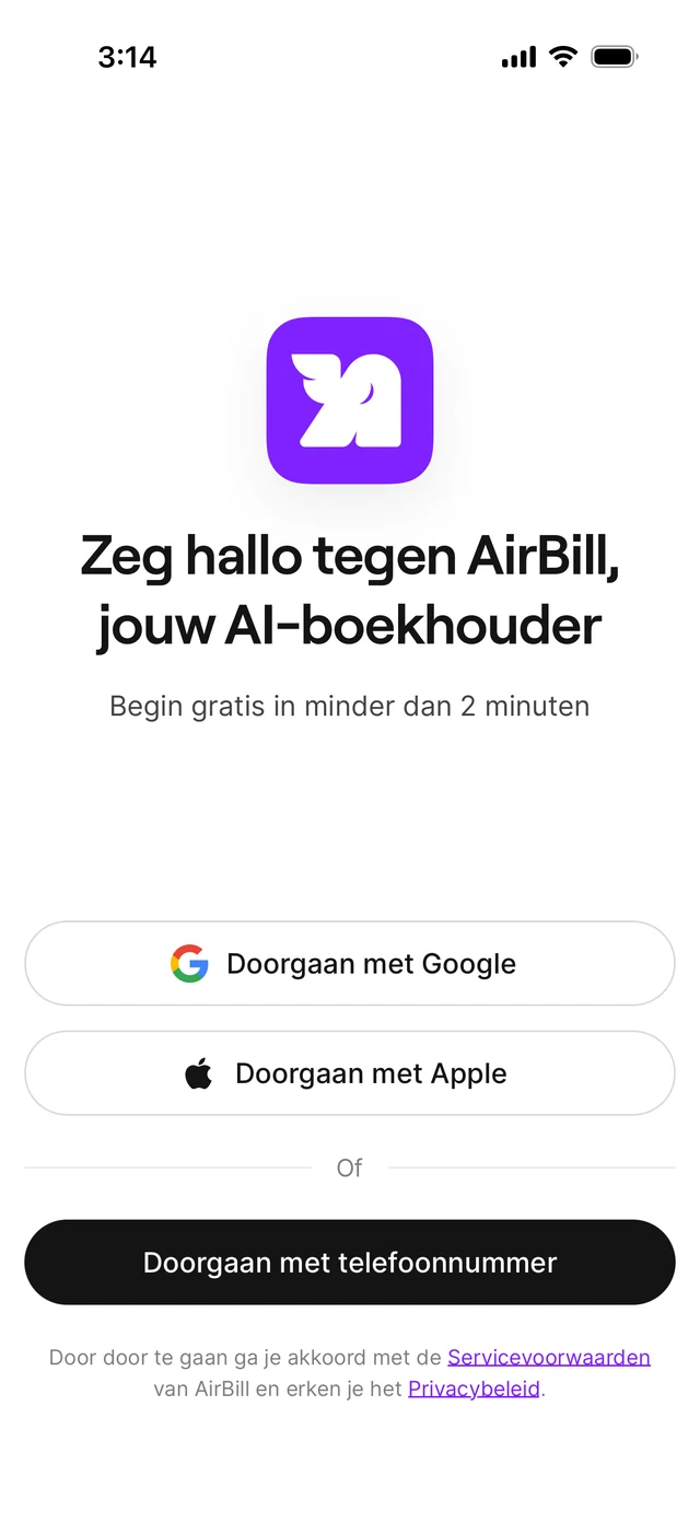 Het AirBill-startscherm met de inlogopties Google, Apple en telefoonnummer