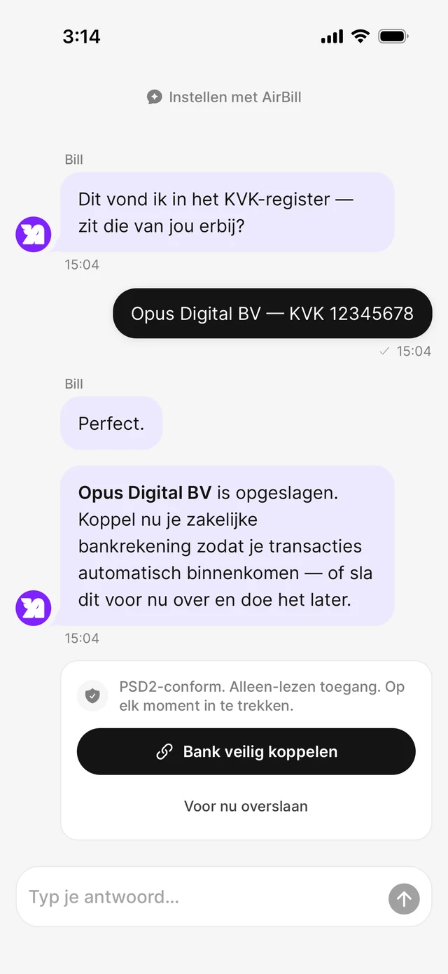 Onboarding-chat met de optie om een bankrekening veilig te koppelen of over te slaan