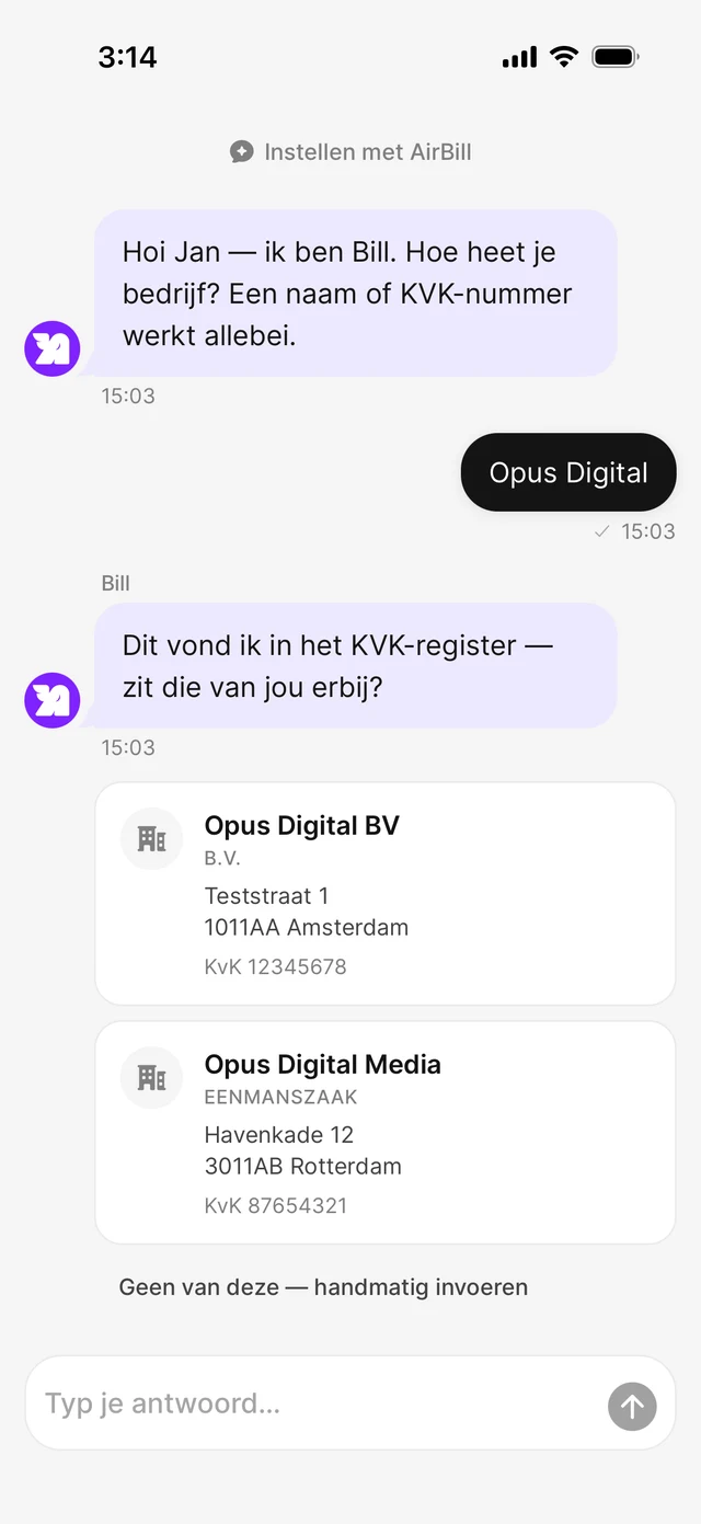 Onboarding-chat met KVK-zoekresultaten voor Opus Digital en bedrijfskaarten om uit te kiezen