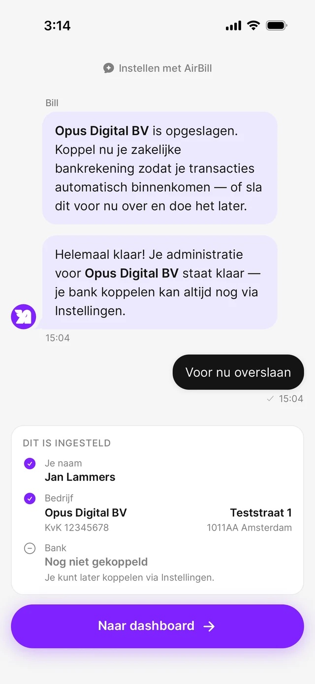 Afgeronde onboarding-chat met een overzicht van wat is ingesteld en de knop naar het dashboard