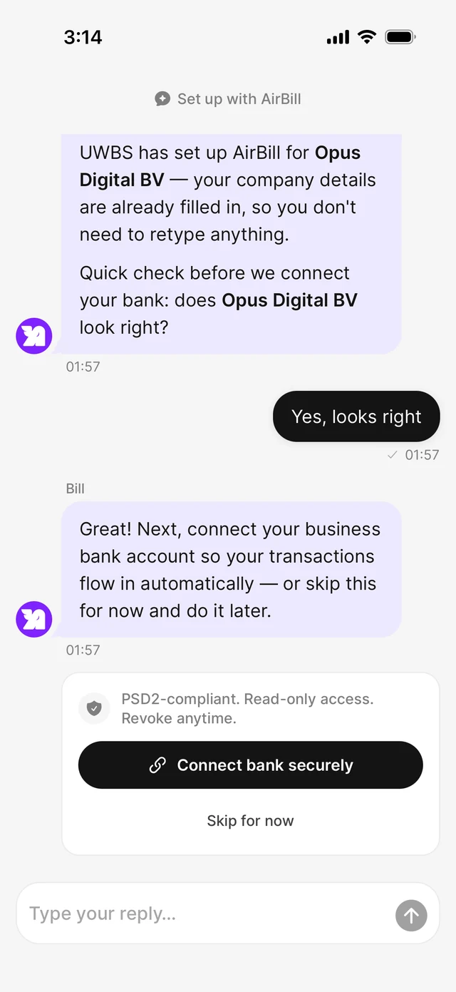 Onboarding chat offering to connect a bank account, with a skip option