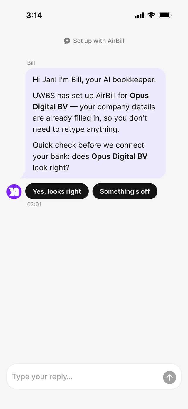 Onboarding chat confirming the company details UWBS prefilled for Opus Digital BV