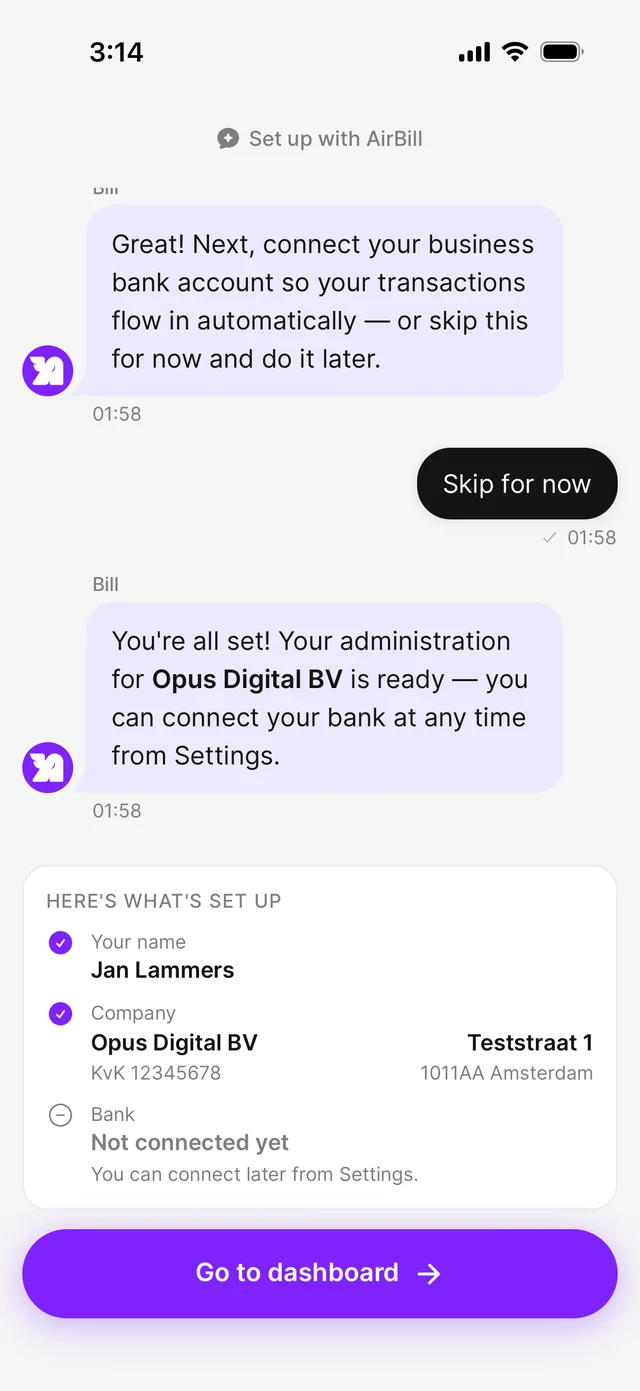 Onboarding chat completed, with the button to continue to the dashboard