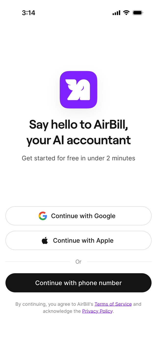 The AirBill landing screen with the Google, Apple and phone number sign-in options