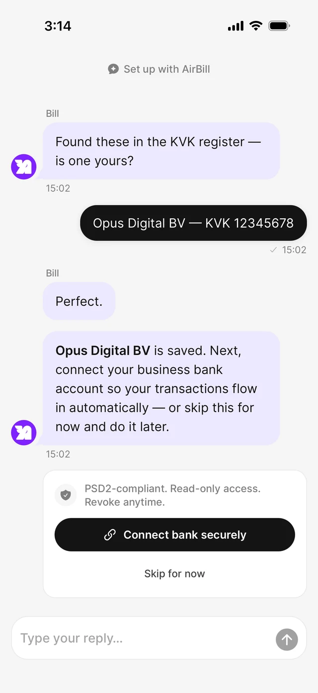 Onboarding chat offering to connect a bank account securely, with a skip option