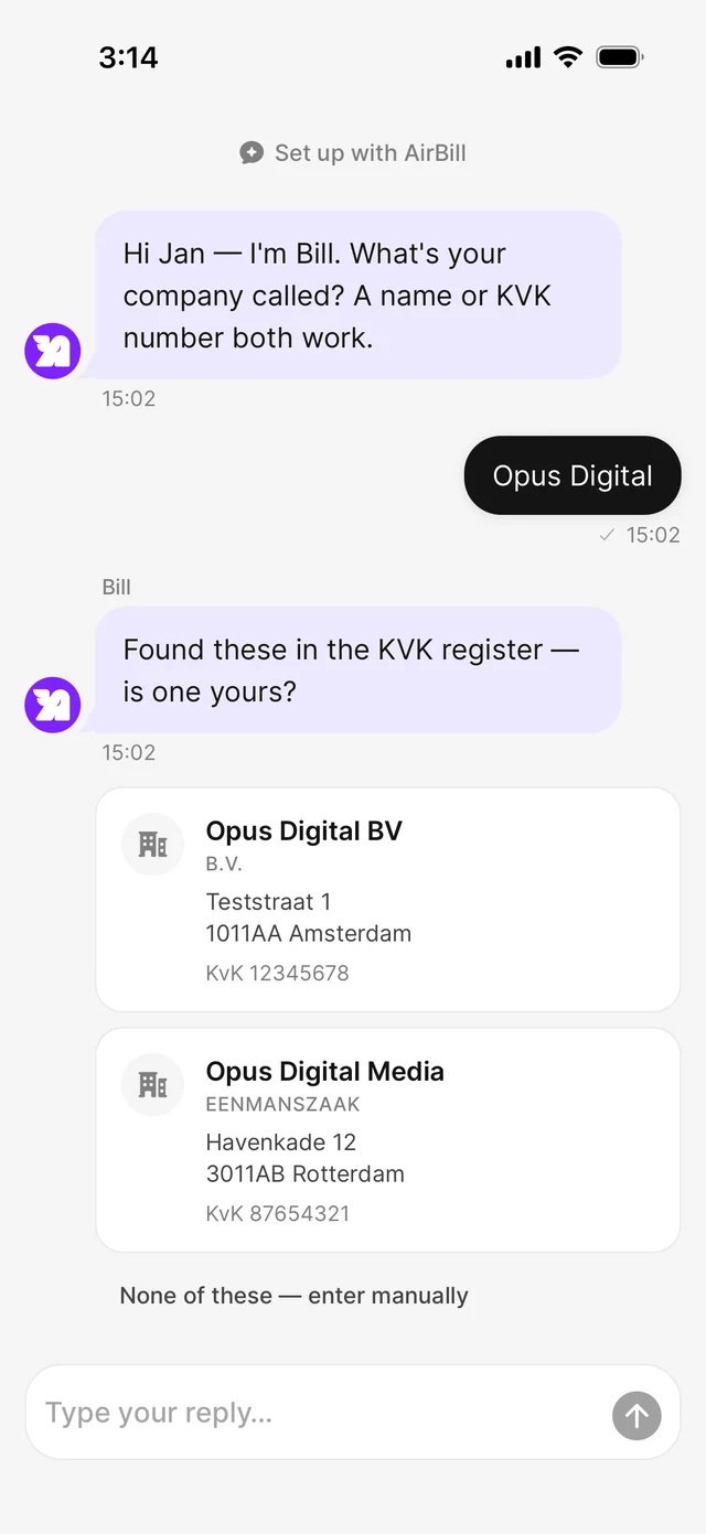 Onboarding chat showing KVK search results for Opus Digital, with company cards to choose from