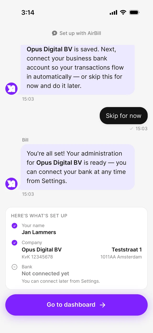 Completed onboarding chat summarising what was set up, with the button to continue to the dashboard