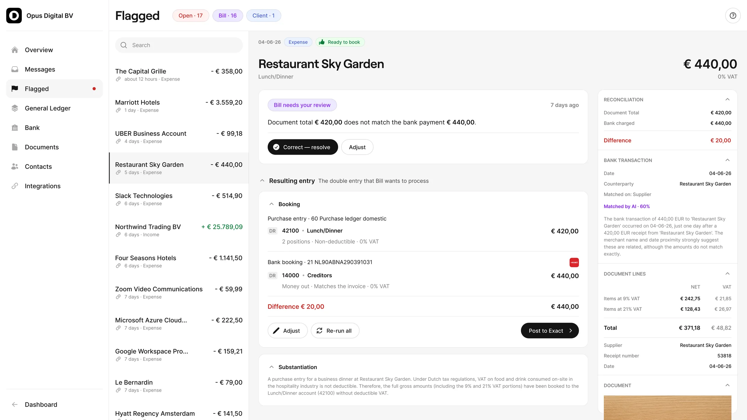 AirBill-dashboard met een gemarkeerde bon van Restaurant Sky Garden, de bijbehorende aflettering en de resulterende dubbele boeking